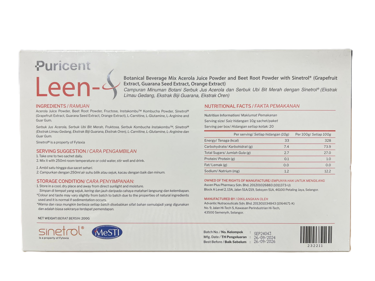 Puricent Leen-S Sinetrol Kombucha 20s x 10g