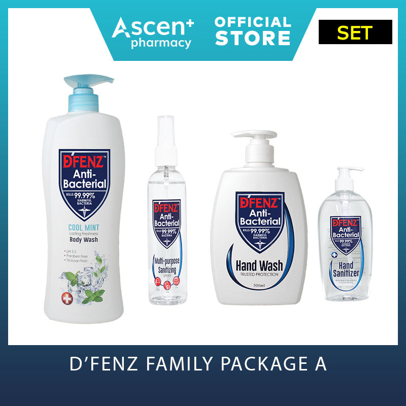 D'Fenz Family Anti- Bacterial Kit Package B (CoolMintBodyWash1L, HandWash, SanitizerGel 500ml, MultipurposeSpray100ml)