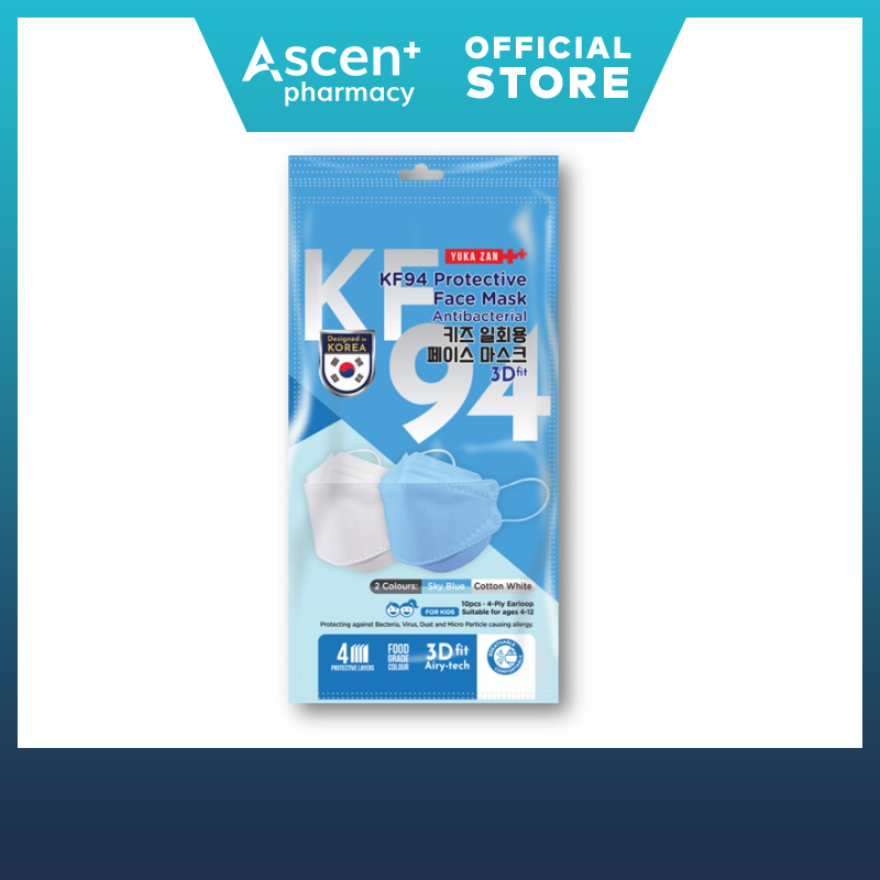 YUKA ZAN KF94 Kids Protective Face Mask Antibacterial 3D Fit 10s - Sky Blue % Cotton White